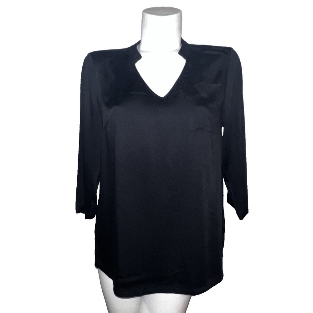 Lisa Rinna Collection Black V Neck 3/4 Sleeve Pocket Tunic Top Women XS